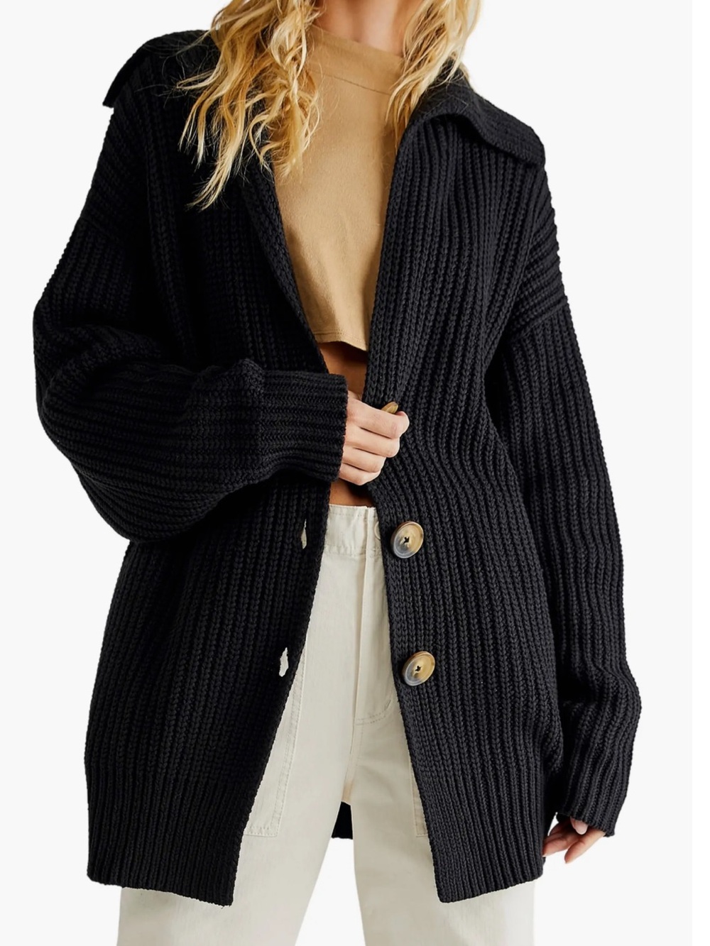 Free People Black Women's Swim Too Deep Long Sleeve Cardi Sweater